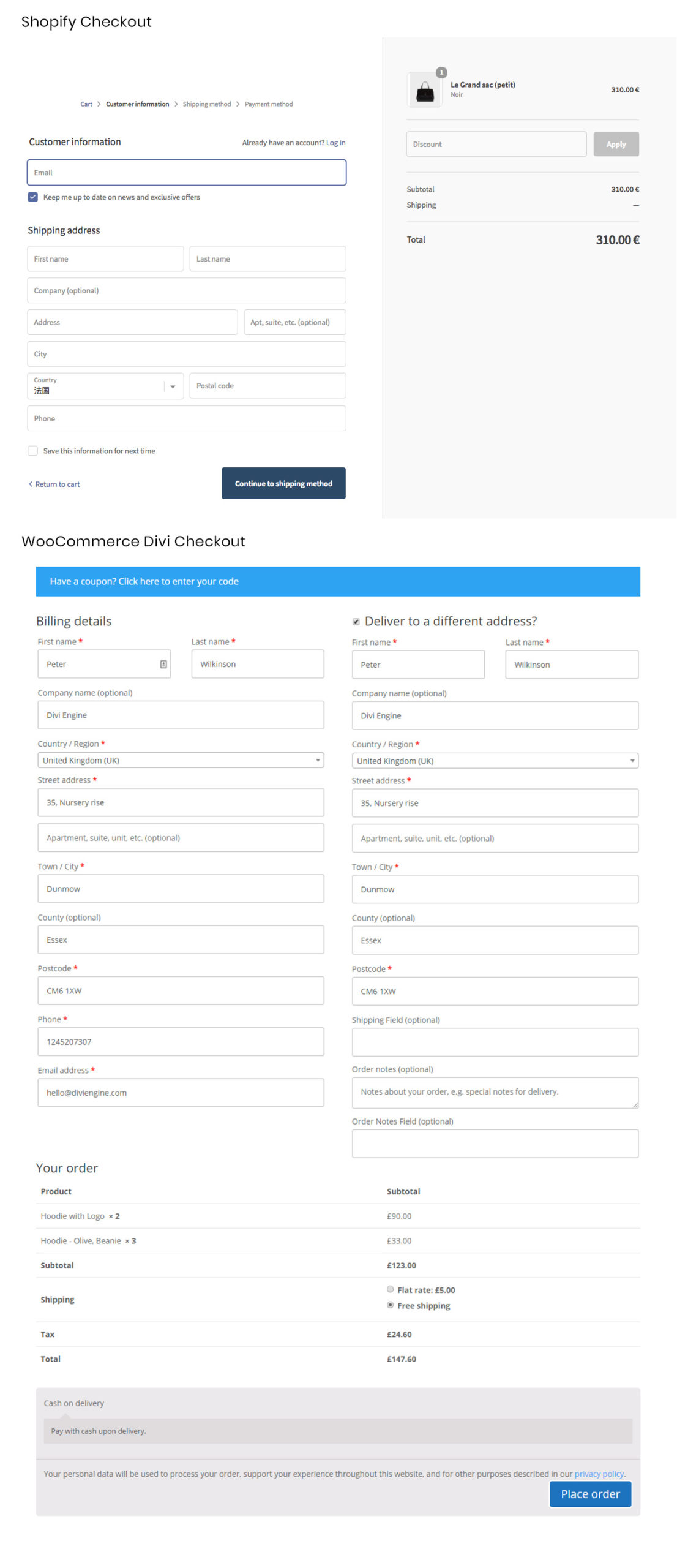 WooCommerce Shopify Divi Checkout Comparison