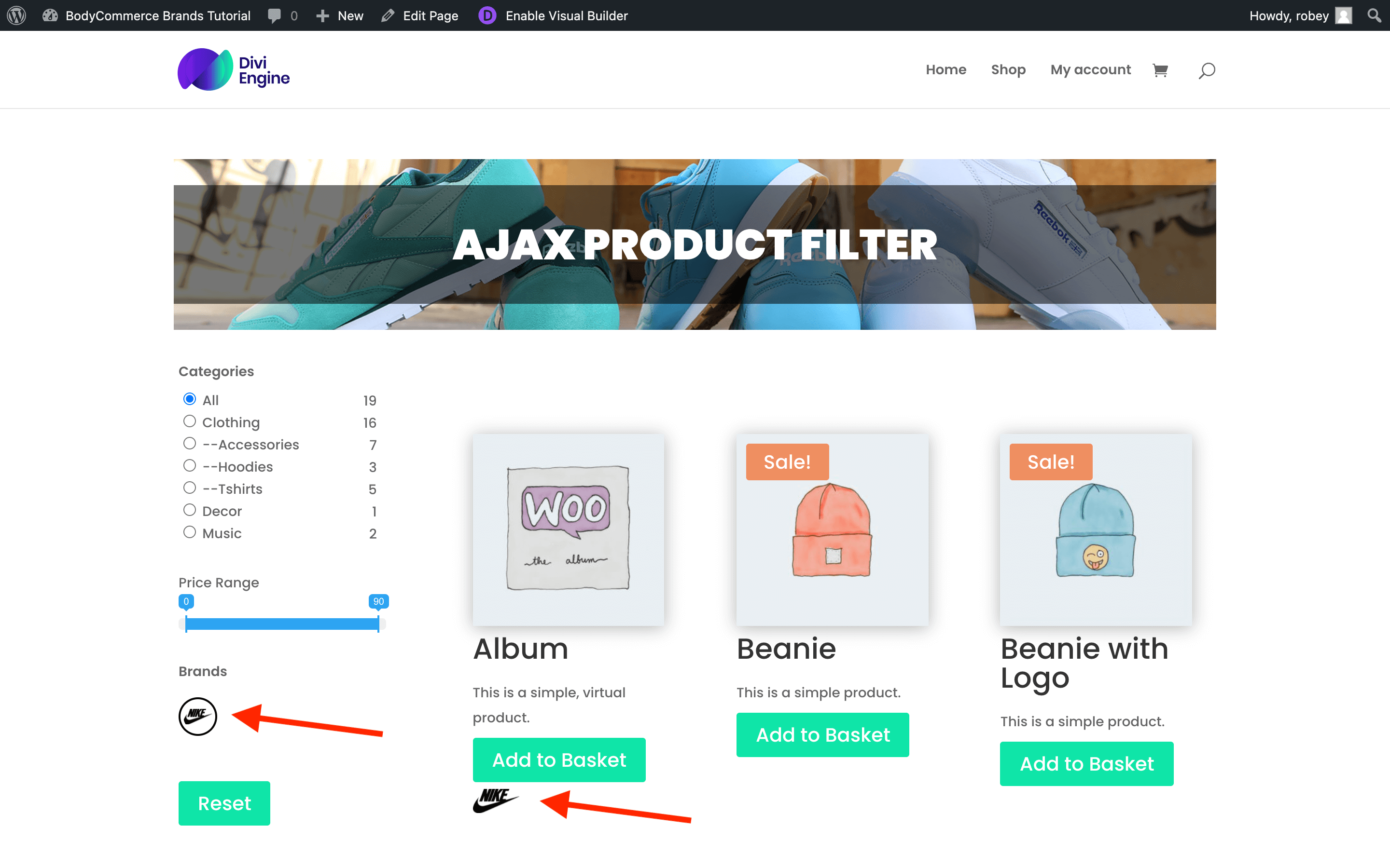 BodyCommerce with Brands added to Divi WooCommerce and Ajax Filters