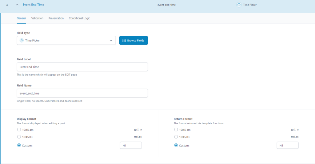 Event End Time field in ACF