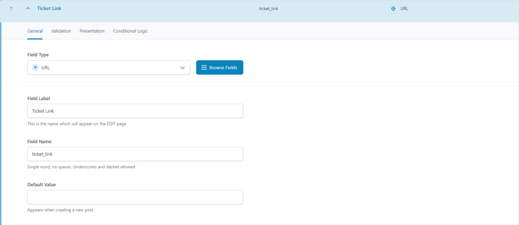 Ticket URL field in ACF