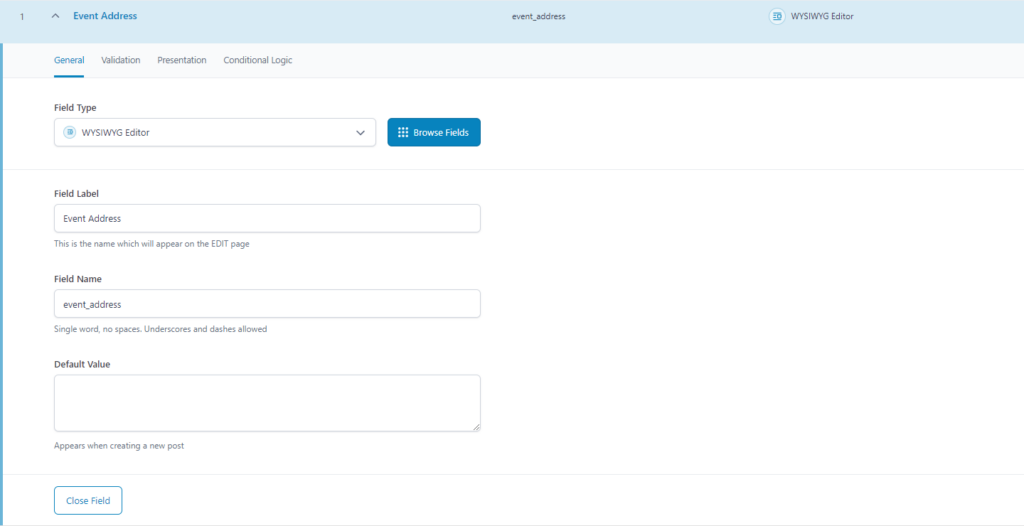 Event Address field in ACF