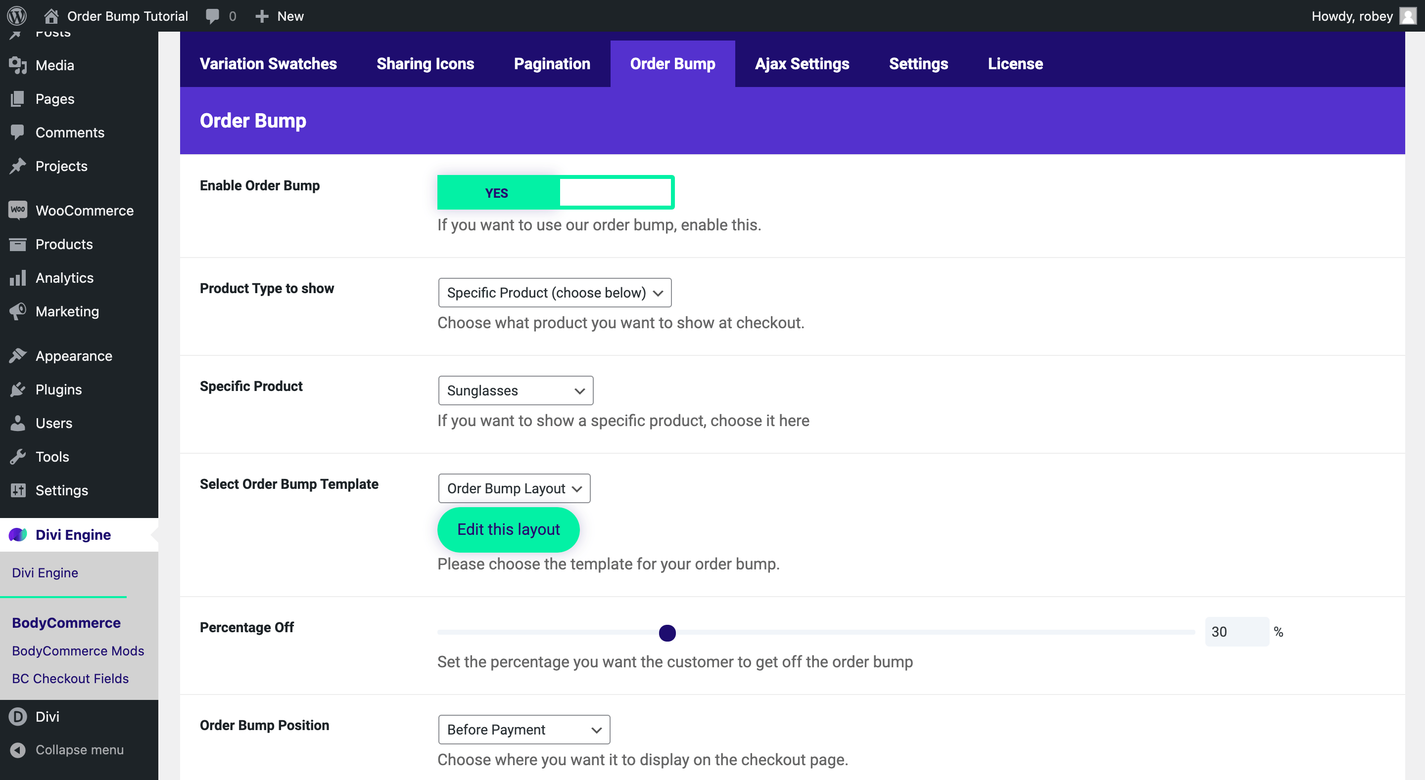 BodyCommerce Order Bump Settings