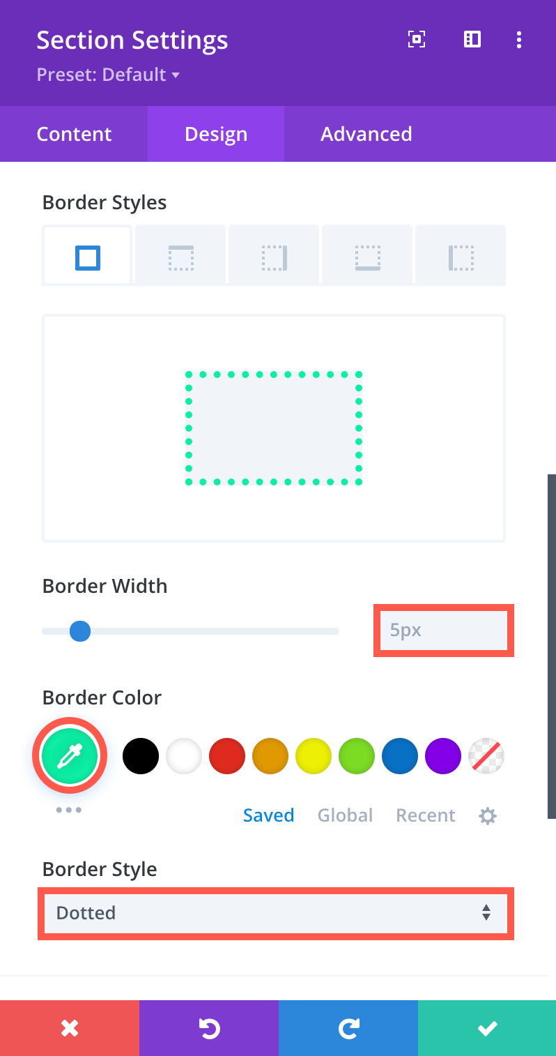 Order Bump Section Border Settings